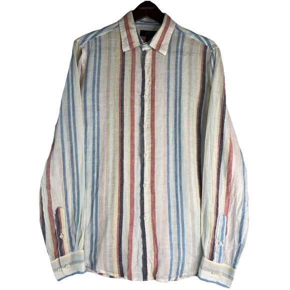 Regular Fit Striped Muted Button Down Shirt Beachy Preppy Casual Resortwear M - Picture 2 of 7